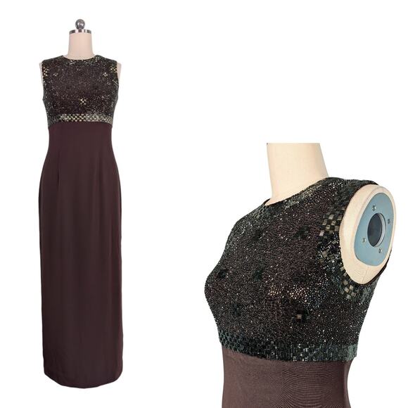 Vintage Oleg Cassini Beaded Maxi Dress Evening Gown 8 Brown Gold Sheath Guest - Picture 1 of 10